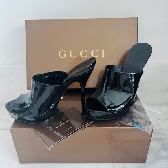 NEW Gucci Stiletto Mules Black Patent Leather Open Peep Toe Slides 35.5 - Picture 5 of 9